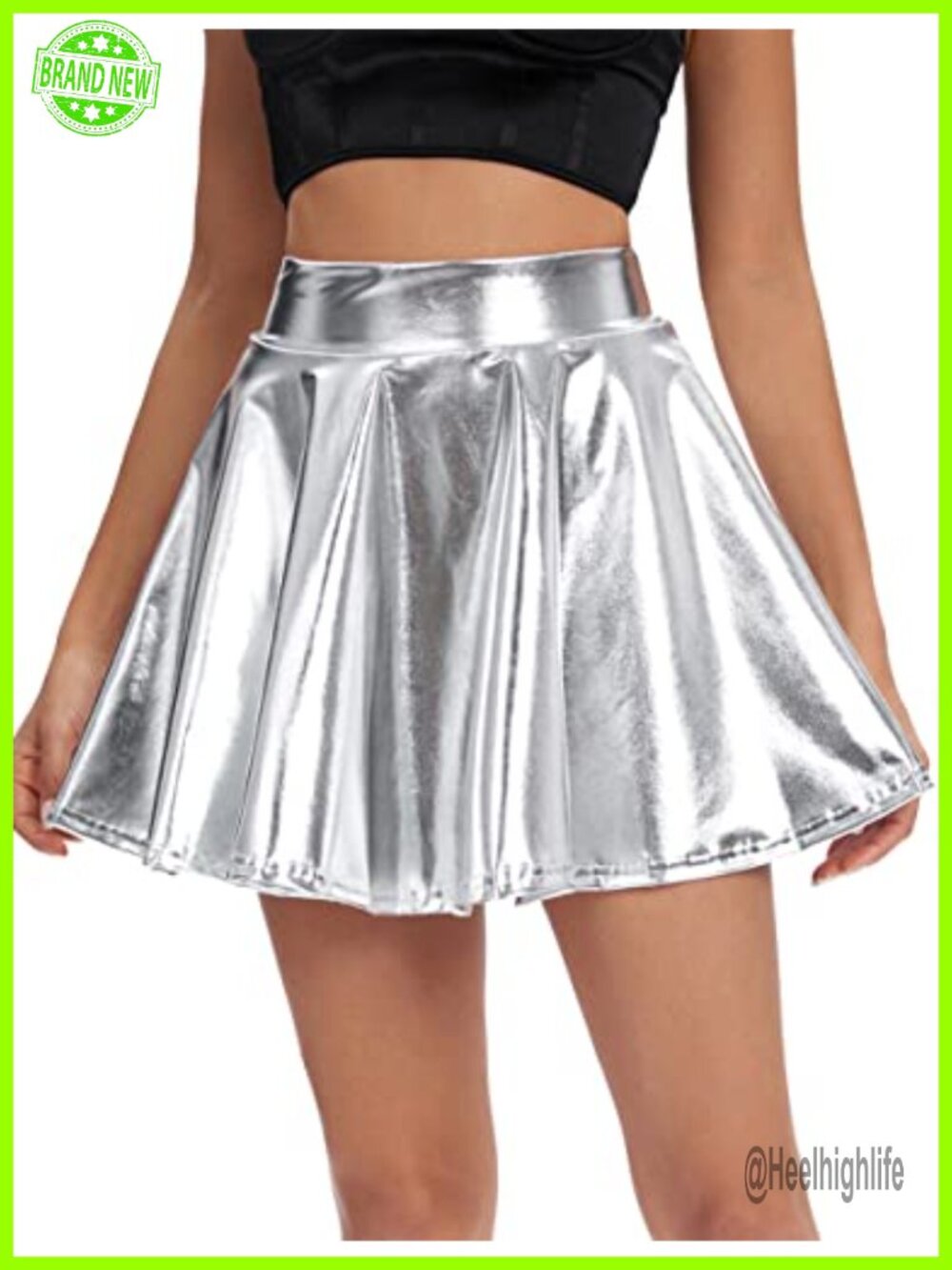 Shiny Flared Pleated Mini Skater Skirt High Waisted Wet Look